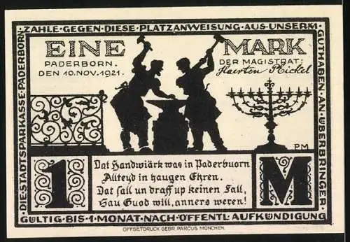 Notgeld Paderborn 1921, 1 Mark, Abbildung der Busdorfkirche und Schmiedearbeiter mit Leuchter