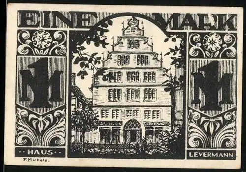 Notgeld Paderborn 1921, Eine Mark, Historisches Gebäude und Handwerkszene