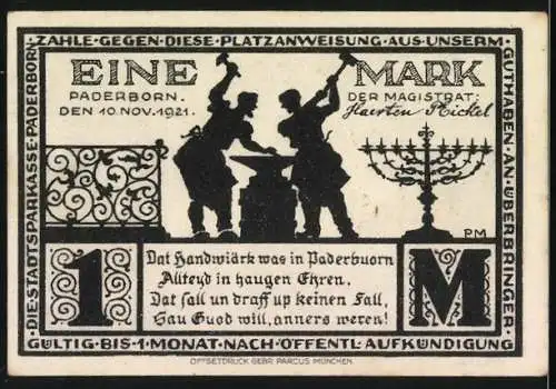 Notgeld Paderborn 1921, Eine Mark, Historisches Gebäude und Handwerkszene