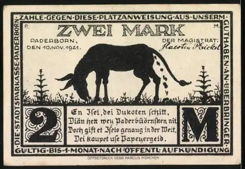 Notgeld Paderborn, 1921, 2 Mark, Eselgasse und Eselillustration, Stadtspakasse Paderborn