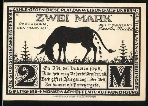 Notgeld Paderborn, 1921, Zwei Mark, Esel und Eselgasse mit Marktstrasse und Fachwerkhäusern