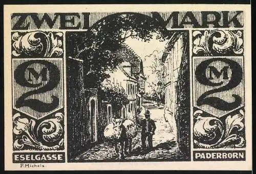 Notgeld Paderborn, 1921, Zwei Mark, Esel und Eselgasse mit Marktstrasse und Fachwerkhäusern