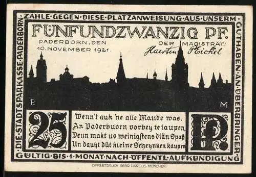 Notgeld Paderborn, 1921, 25 Pf, Stadtansicht mit Text und Gebäudeillustration