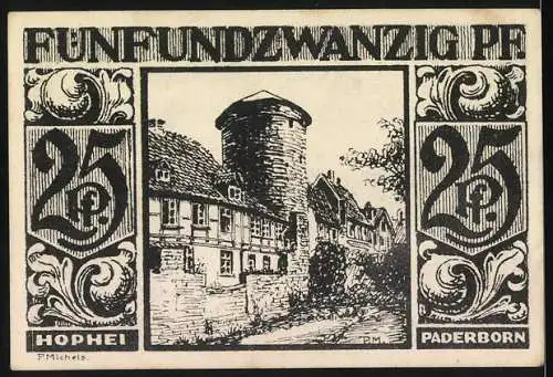 Notgeld Paderborn, 1921, 25 Pf, Stadtansicht mit Text und Gebäudeillustration