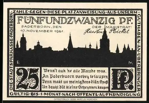 Notgeld Paderborn, 1921, 25 Pf, Stadtansicht und historische Gebäudeillustration