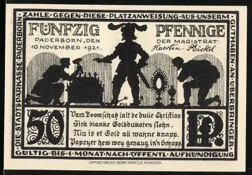 Notgeld Paderborn, 1921, 50 Pfennig, Silhouetten und Dom zu Paderborn