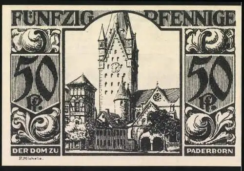 Notgeld Paderborn, 1921, 50 Pfennig, Silhouetten und Dom zu Paderborn