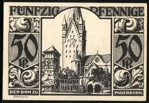 Notgeld Paderborn 1921, 50 Pfennig, Der Dom zu Paderborn und historische Silhouetten-Szene