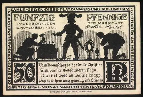 Notgeld Paderborn 1921, 50 Pfennig, Der Dom zu Paderborn und historische Silhouetten-Szene