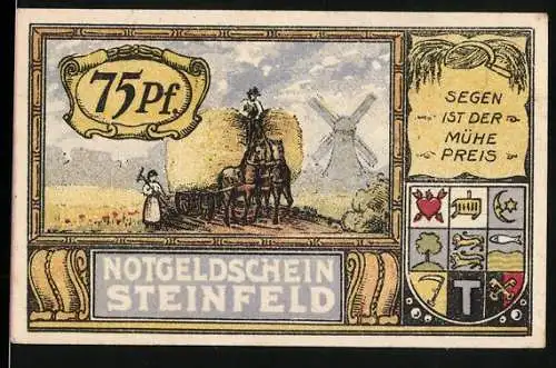 Notgeld Steinfeld 1921, 75 Pfennig, Segen ist der Mühe Preis und Adler mit deutscher Flagge