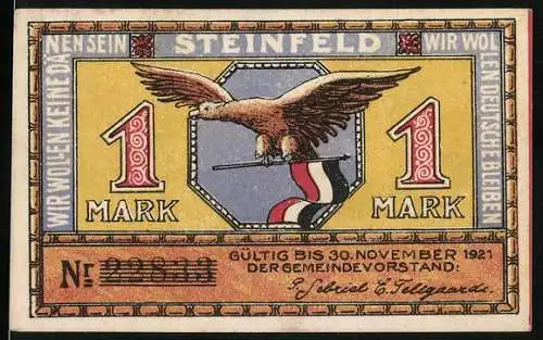 Notgeld Steinfeld 1921, 1 Mark, Adler und Pflügender Bauer Motiv