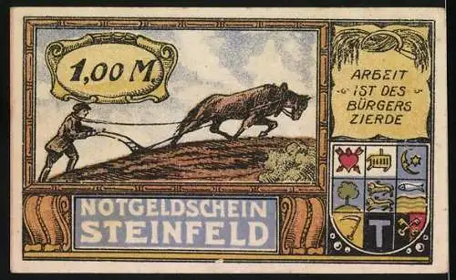 Notgeld Steinfeld 1921, 1 Mark, Adler und Pflügender Bauer Motiv