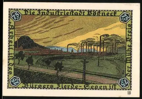 Notgeld Pössneck, 1921, 75 Pfennig, Ansicht der Industriestadt mit Fabriken und Landschaft