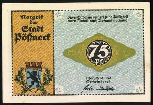 Notgeld Pössneck, 1921, 75 Pfennig, Ansicht der Industriestadt mit Fabriken und Landschaft