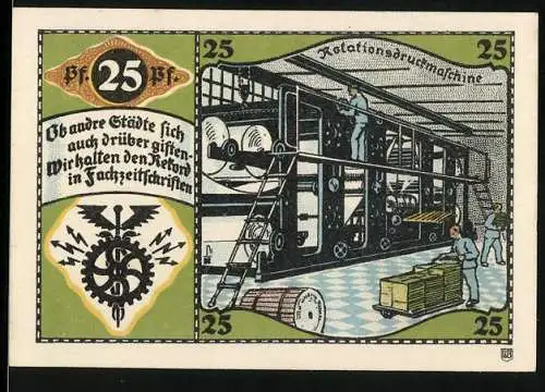 Notgeld Pössneck, 25 Pfennig, Rotationsdruckmaschine und Stadtwappen, Magistrat und Gemeinderat