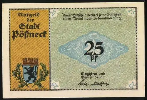 Notgeld Pössneck, 25 Pfennig, Rotationsdruckmaschine und Stadtwappen, Magistrat und Gemeinderat