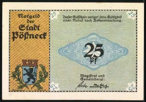 Notgeld Pössneck, 25 Pfennig, alte Gerberhäuser und Stadtwappen, Jeder kennt das Pössnecker Leder