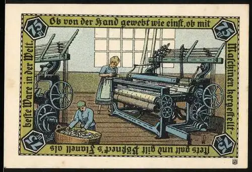 Notgeld Pössneck, 1921, 75 Pfennig, Textilmotiv mit Webmaschinen und Arbeitern