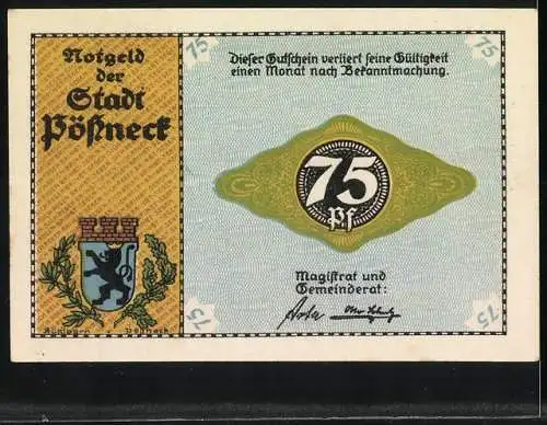 Notgeld Pössneck, 1921, 75 Pfennig, Textilmotiv mit Webmaschinen und Arbeitern