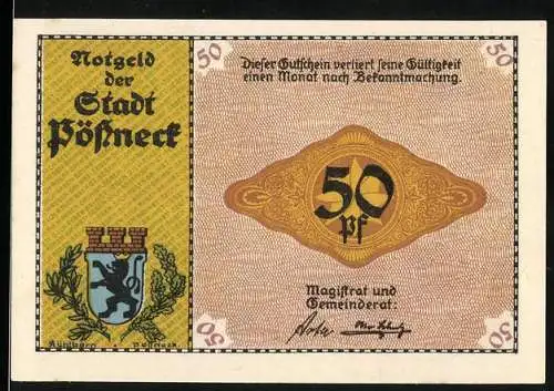 Notgeld Pössneck, 50 Pf, Stadtwappen und Schokoladenfabrik