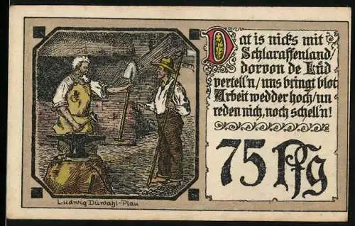 Notgeld Plau, 1922, 75 Pfennig, Schmied und Arbeiter, Gutschein gültig bis 31. März 1922, Stadtwappen und Nummer 10309