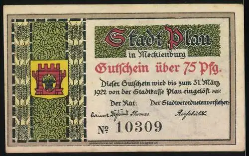 Notgeld Plau, 1922, 75 Pfennig, Schmied und Arbeiter, Gutschein gültig bis 31. März 1922, Stadtwappen und Nummer 10309