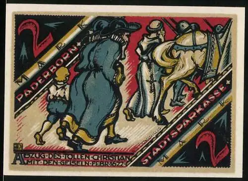 Notgeld Paderborn, 1921, 2 Mark, farbenfrohe Darstellung des Auszugs des Tollen Christian mit Geiseln und Münzen