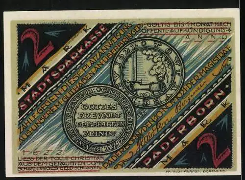 Notgeld Paderborn, 1921, 2 Mark, farbenfrohe Darstellung des Auszugs des Tollen Christian mit Geiseln und Münzen