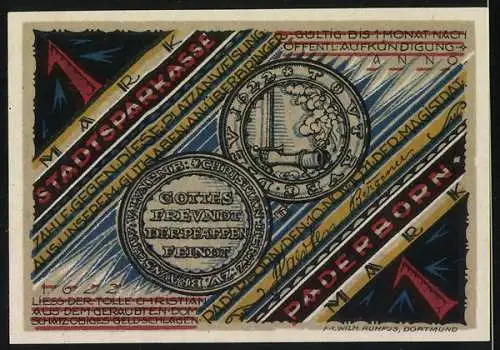 Notgeld Paderborn, 1922, 1 Mark, Darstellung des Raubs des Domschatzes und Prägungen auf der Rückseite