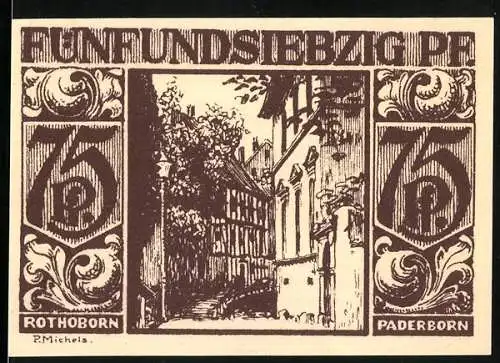 Notgeld Paderborn, 1921, 75 Pf, Stadtansicht und Brunnen mit Figuren und Gedicht