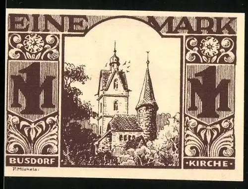 Notgeld Paderborn, 1921, Eine Mark, Darstellung der Busdorf Kirche und Handwerker bei der Arbeit