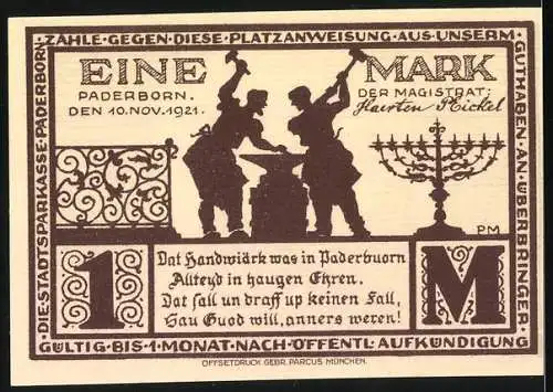 Notgeld Paderborn, 1921, Eine Mark, Darstellung der Busdorf Kirche und Handwerker bei der Arbeit