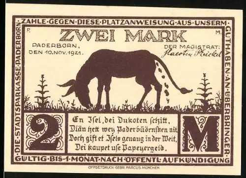 Notgeld Paderborn, 1921, Zwei Mark, Eselmotiv und Eselgasse