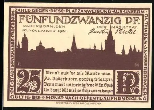 Notgeld Paderborn, 1921, 25 Pf, Stadtansicht und Die Kisau