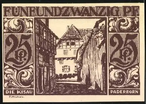 Notgeld Paderborn, 1921, 25 Pf, Stadtansicht und Die Kisau