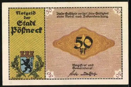 Notgeld Pössneck, 1921, 50 Pf, Kakaomühlen und Stadtwappen