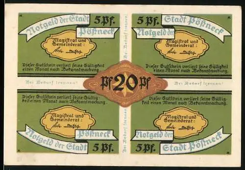 Notgeld Pössneck, 1920, 20 Pfennig, vier mal 5 Pfennig, mit verschiedenen Handwerksdarstellungen