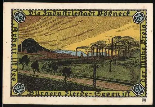 Notgeld Pössneck, 1921, 75 Pfennig, Industrielandschaft mit Fabriken und Stadtwappen