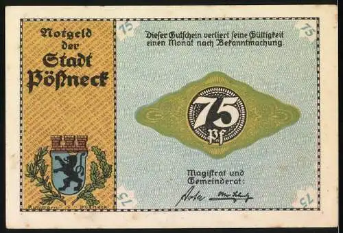 Notgeld Pössneck, 1921, 75 Pfennig, Industrielandschaft mit Fabriken und Stadtwappen