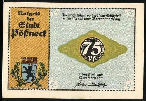 Notgeld Pössneck, 75 Pfennig, Stadtwappen und Webstuhl-Motiv