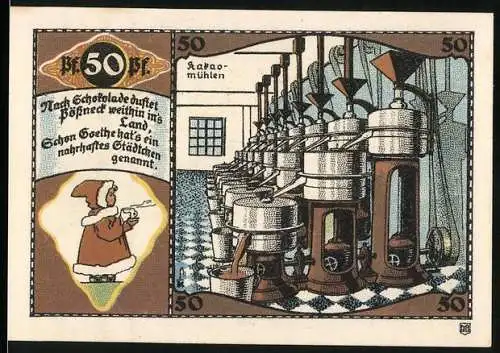 Notgeld Pössneck, 50 Pfennig, Abbildung von Kakaomühlen und Zitat von Goethe
