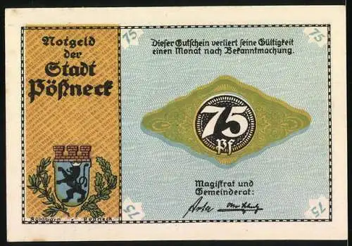 Notgeld Pössneck, 1921, 75 Pfennig, Webstuhl und Stadtwappen