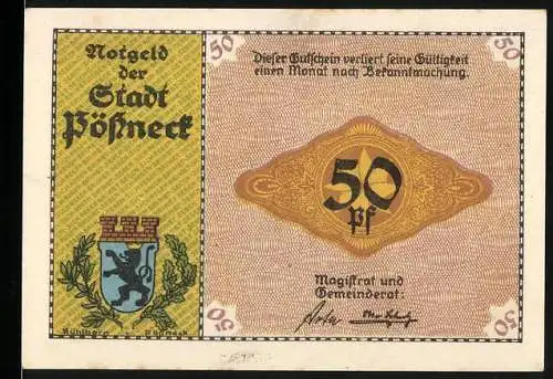 Notgeld Pössneck, 50 Pfennig, Stadtwappen und Druckerei-Szene