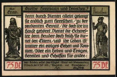 Notgeld Pössneck, 1921, 75 Pf, Illustration von Goethe`s Hermann und Dorothea