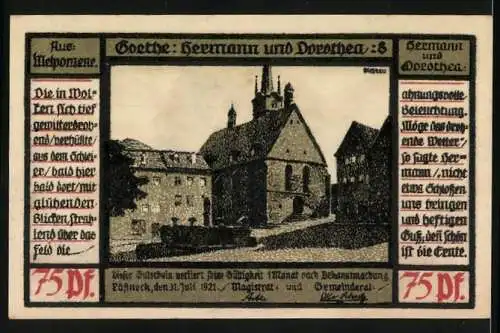 Notgeld Pössneck 1921, 75 Pfennig, Darstellung von Hermann und Dorothea vor Sonnenschein, historisches Gebäude