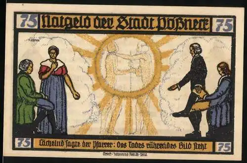 Notgeld Pössneck, 1921, 75 Pfennig, Goethe Hermann und Dorothea Zitat, historische Gebäude