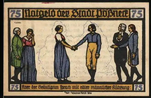 Notgeld Pössneck, 1921, 75 Pfennig, Szene mit Paar, Goethe-Zitat und Stadtkirche