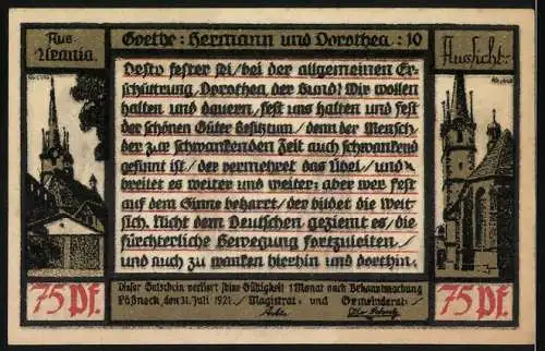 Notgeld Pössneck, 1921, 75 Pfennig, Szene mit Paar, Goethe-Zitat und Stadtkirche