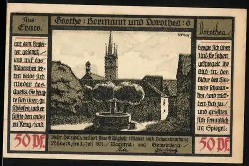 Notgeld Pössneck, 1921, 50 Pf, Goethe Hermann und Dorothea, Stadtansicht und Liebespaar unter Baum