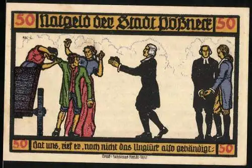 Notgeld Pössneck 1921, 50 Pfennig, Menschenmenge und Zitate von Goethe, Pössnecker Gebäude und Der Weltbürger Turm